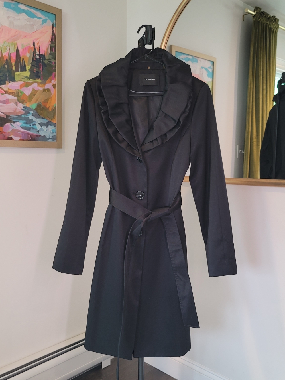 TAHARI Ruffled Collar Belted Satin Coat Midi Length Black Pockets Women's Size L